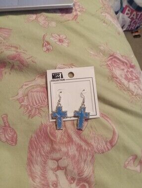 NWOT Women's Silver Plated Blue Rhinestone Cross Dangle Earrings